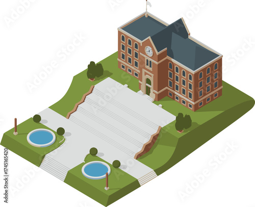 Isometric 3d illustration of university building with clock tower, green landscape, stairs, fountains, architecture design, educational campus concept, sunlight