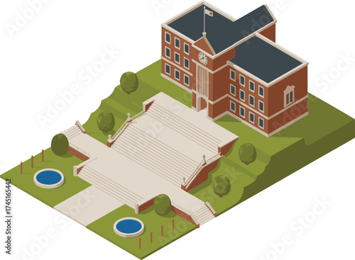 Isometric 3d illustration of university building with clock tower, green landscape, stairs, fountains, architecture design, educational campus concept, sunlight