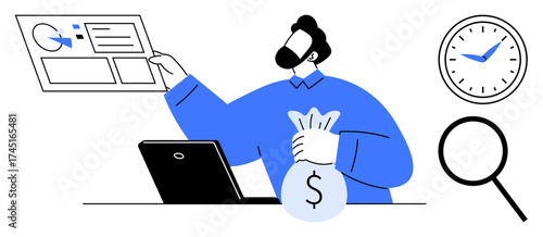 Man holding money bag, analyzing data on screen clock, laptop, and magnifier nearby. Ideal for finance, investment, business, growth time management analysis success. Simple flat metaphor