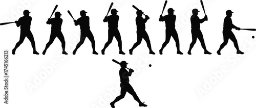 Baseball player swing motion silhouette sequence, athlete batting with bat and ball, sports training concept, baseball game action illustration