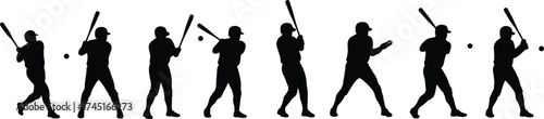 Baseball batter silhouette sequence, player swinging bat at ball, sports motion illustration, athletic action concept, baseball training and competition artwork