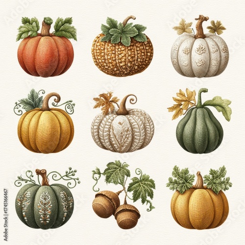 Wallpaper Mural Collection of Pumpkins and Acorns with Various Colors and Designs on a Beige Textured Background Torontodigital.ca