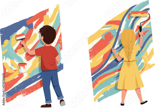 Happy children painting a wall with colorful strokes, creative kids doing home renovation activity, joyful childhood arts and crafts.