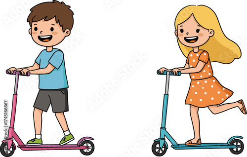Happy children riding scooters outdoors, active kids having fun and playing, energetic summer childhood recreation illustration.