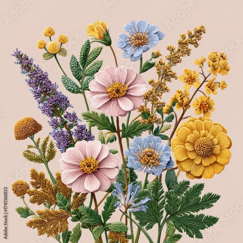 Wallpaper Mural Delicate Bouquet of Pink Yellow and Blue Flowers with Green Leaves on Beige Background Torontodigital.ca
