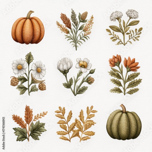 Wallpaper Mural Decorative Botanical Fall Harvest Arrangement with Pumpkins and Floral Accents Torontodigital.ca