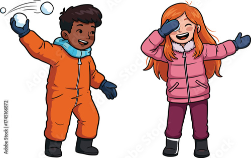 Happy children having a snowball fight outdoors, playful kids enjoying winter fun and snow activities, childhood play illustration.