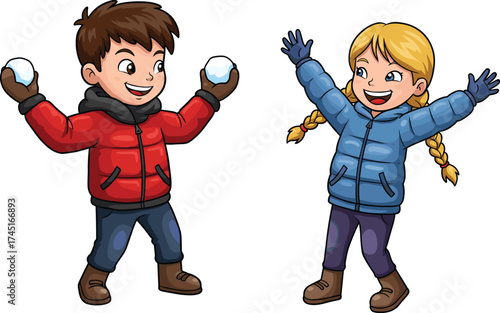 Happy children having a snowball fight outdoors, playful kids enjoying winter fun and snow activities, childhood play illustration.
