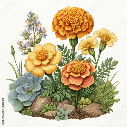Wallpaper Mural Detailed Botanical Illustration of Marigolds and Blue Flowers with Textured Background Torontodigital.ca