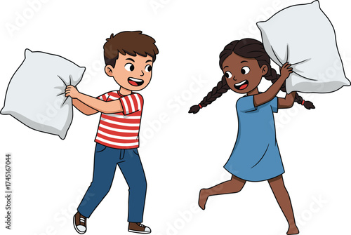 Happy children having a pillow fight indoors, playful kids enjoying fun sleepover activity, childhood friends playing game illustration.