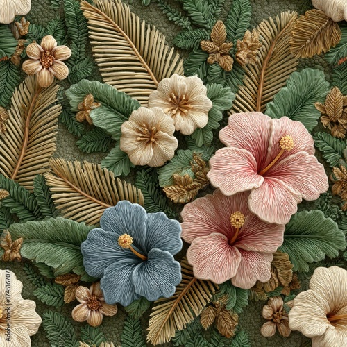 Wallpaper Mural Detailed Floral Embossed Pattern with Red Hibiscus, Blue Petals and Green Leaves on Textured Background Torontodigital.ca