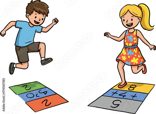 Diverse children playing hopscotch game outdoors, happy active kids having fun and jumping, summer childhood play illustration.