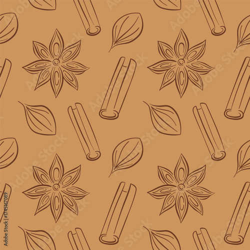 Seamless pattern with cinnamon stick, star anise and leaf drawn in simple line art style on a warm background.