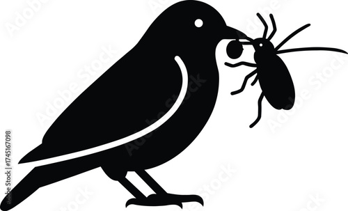 Silhouette of a small bird perched with a beetle in its beak against a stark white background