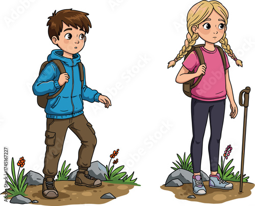 Cute children hiking in nature with backpacks and trekking pole, adventure kids on mountain trail, outdoor summer family fun.