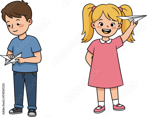 A boy is folding a paper airplane while a happy girl prepares to launch hers, showcasing childhood creativity, fun, and the simple joy of making and flying toys.