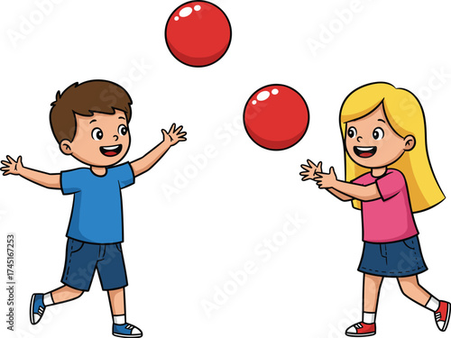 Two cheerful children, a boy and a girl, are happily playing with red balls, engaged in a fun toss and catch game, promoting coordination, physical activity, and childhood joy.