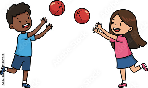Two cheerful children, a boy and a girl, are happily playing with red balls, engaged in a fun toss and catch game, promoting coordination, physical activity, and childhood joy.