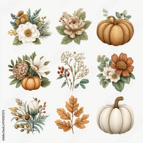 Wallpaper Mural Elegant Assortment of Pumpkins and Floral Arrangements on a White Background, Autumnal Theme Torontodigital.ca