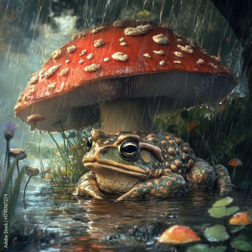 Wallpaper Mural Detailed Toad Resting Under Red Mushroom In a Rainy Forest With Shallow Depth of Field Torontodigital.ca