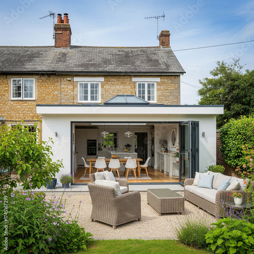 Beautiful Home Exterior OpenPlan Kitchen and Outdoor Patio, Garden, Stone House, Extension Design.