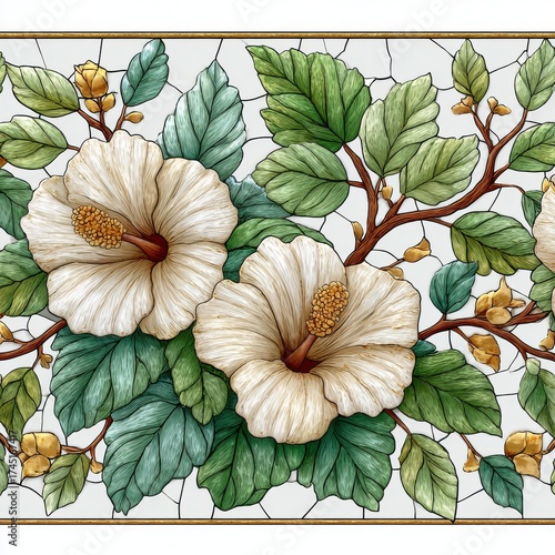 Wallpaper Mural Elegant Floral Mosaic Design with White Hibiscus Flowers and Green Leaves on Cracked Glass Torontodigital.ca