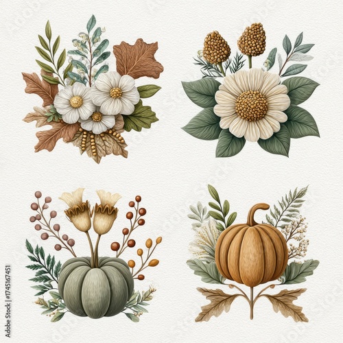 Wallpaper Mural Fall Floral Bouquets with Pumpkins Leaves and Berries on White Background Torontodigital.ca