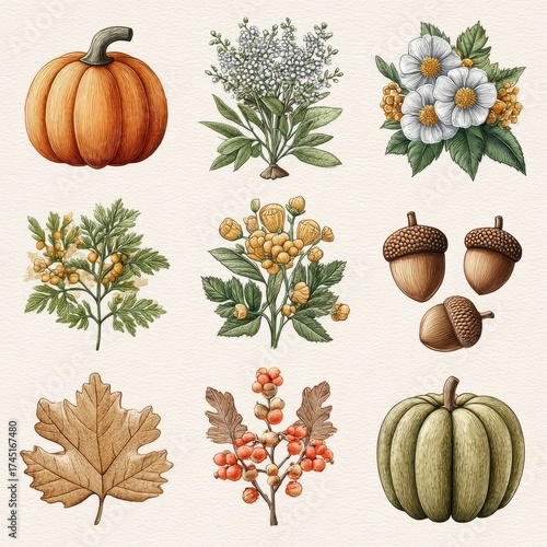 Wallpaper Mural Fall Harvest Pixel Art with Pumpkins, Leaves, Acorns, Berries and Flowers on Beige Background Torontodigital.ca