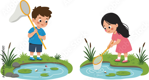 A young boy and girl in yellow boots are happily using nets to catch aquatic insects and explore the nature pond, engaging in an outdoor educational activity.