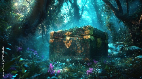 Wallpaper Mural Ornate gold-trimmed chest partially covered in foliage in forest Torontodigital.ca