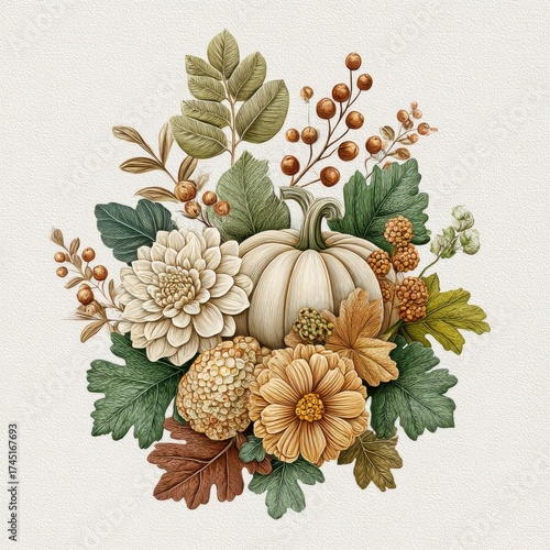 Wallpaper Mural Floral Arrangement Featuring a Cream Pumpkin with Mums and Berries on Beige Backdrop Torontodigital.ca