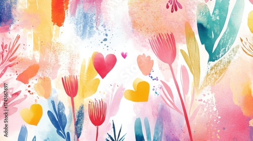 Wallpaper Mural Stylized flowers and hearts in vibrant colors on abstract background Torontodigital.ca