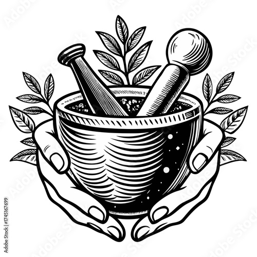 Vintage Hand Drawing of Mortar and Pestle with Hands – Herbal Grinding Tool Illustration.