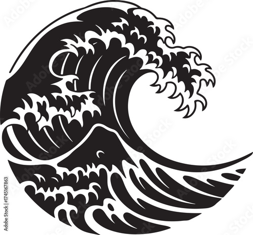 Powerful black wave breaks with cresting foam detail
