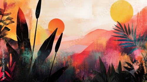 Wallpaper Mural Vibrant tropical sunset with lush leaves and serene landscape Torontodigital.ca