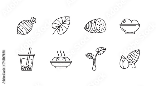 Collection of hand drawn root vegetables and tropical food icons representing healthy cuisine and agriculture vector