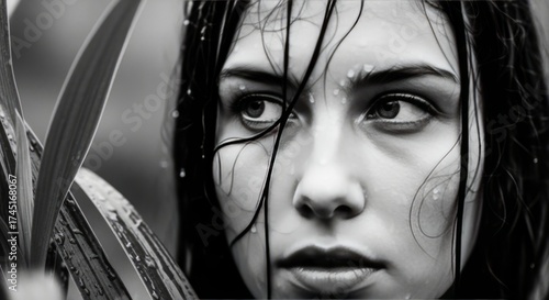 Closeup portrait of a woman with wet hair and water drops on her skin, looking away pensively. Black and white dramatic expression.