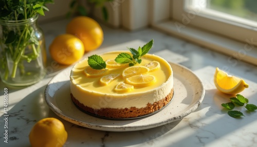 Wallpaper Mural Lemon cheesecake with fresh lemons and mint on kitchen counter Torontodigital.ca