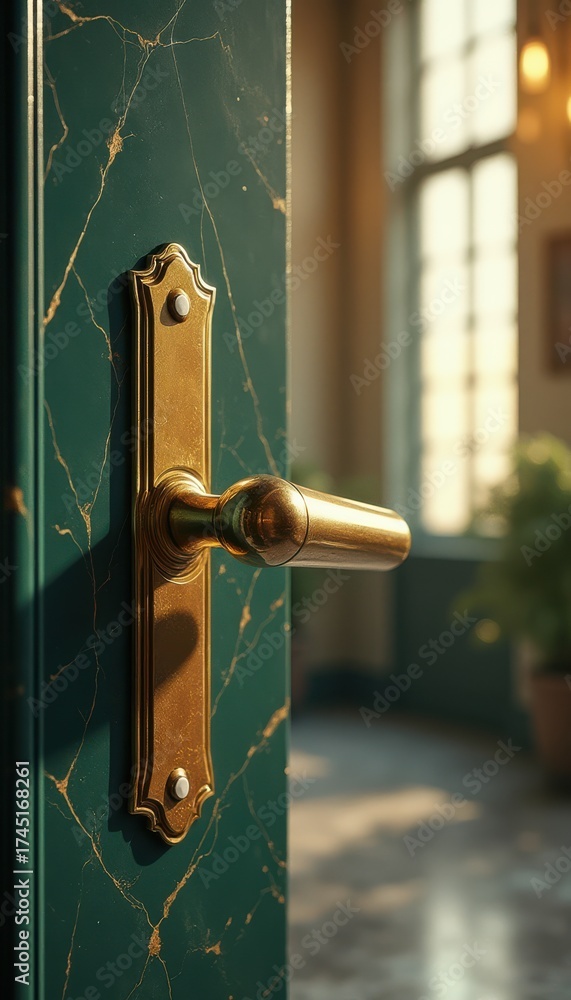 custom made wallpaper toronto digitalElegant gold door handle on green door with sunlight indoors