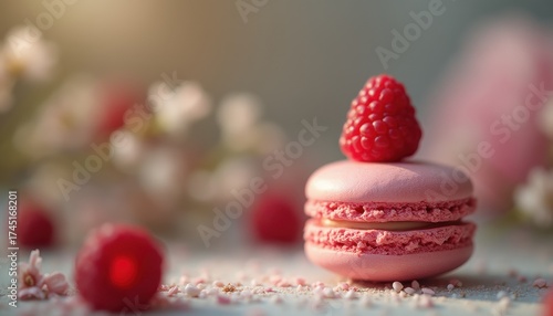 Wallpaper Mural Close-up of macaron topped with raspberry and fresh flowers Torontodigital.ca