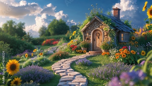 Charming stone cottage nestled in a vibrant flower garden. A whimsical path leads to its wooden door, bathed in warm sunlight.