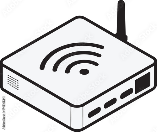 Isometric illustration of a wireless router with wifi symbol and antenna for home internet and network connectivity