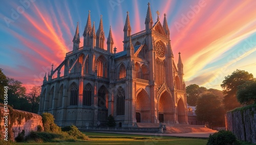Majestic gothic cathedral bathed in the warm glow of a vibrant sunset. The intricate architecture and colorful sky create a breathtaking scene.
