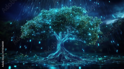 Wallpaper Mural Glowing tree in mystical forest during rainy night Torontodigital.ca