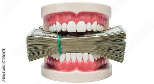 Dental model with money wrapped around teeth isolated on transparent background