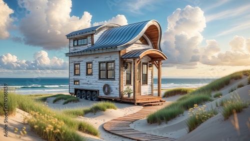 Charming coastal tiny home on a sandy beach, offering a tranquil escape with ocean views. The unique curved roofline adds character to this idyllic retreat.
