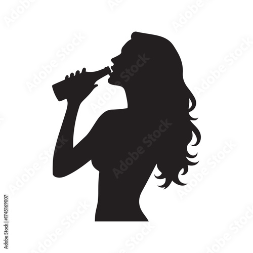 Black and white silhouette woman drinking from a bottle her lips