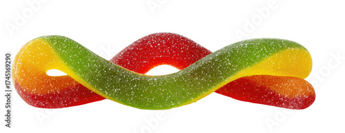A single multi-colored, sugared gummy candy, twisted and interlocked, against a black background