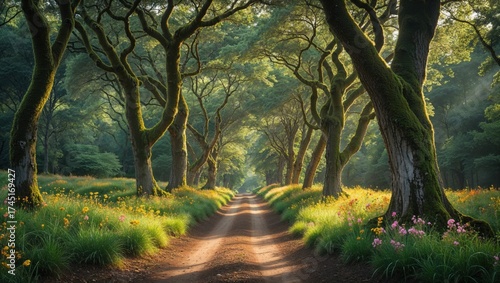 Sunbeams illuminate a magical path through a forest of moss-covered trees, wildflowers blooming on either side. Serene and enchanting.