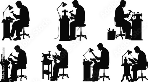 Workstation silhouette illustration, precision labor concept, technical desk activity, repair and craftsmanship vector, black graphic design, focused seated worker pose